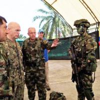 Navy Adm. Kurt W. Tidd, commander of SOUTHCOM, is briefed in Tumaco, Colombia, on the equipment an elite Colombian Army unit uses in efforts to disrupt narcotraffickers in the country, on April 20, 2016. (Photo: Colombian Armed Forces)