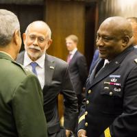 LTG Charles Hooper, DSCA Director, and American delegation members chats with General Paulo Humberto, Brazilian Army Chief Of Staff. 