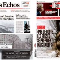  Os jornais franceses desta terça-feira (25) dão destaque para a tensão que ronda a Ucrânia. © Fotomontagem RFI/ Adriana de Freitas 